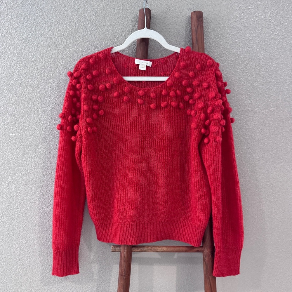 Anthropologie Intropia Thorid Pom Pom Jumper Knit Sweater Red Size M